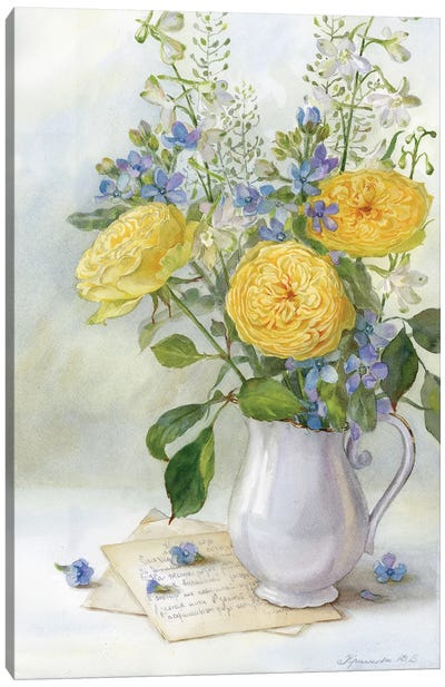 Bouquet With Yellow Roses And Delphinium Canvas Art Print - Yulia Krasnov