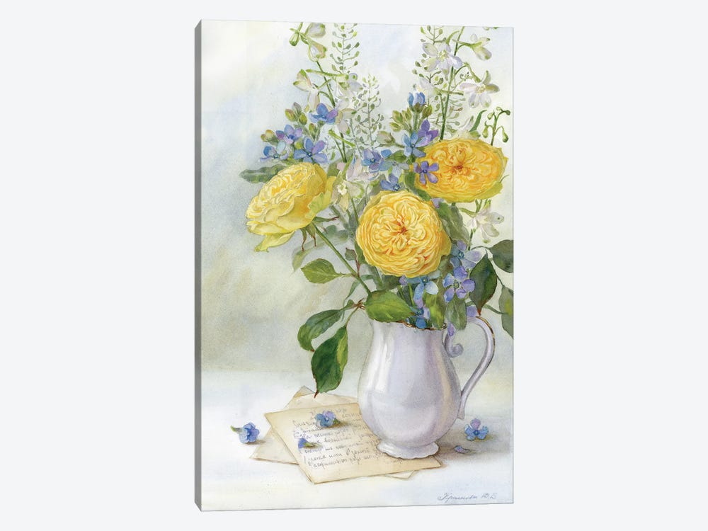 Bouquet With Yellow Roses And Delphinium by Yulia Krasnov 1-piece Canvas Art Print