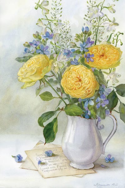 Yulia Krasnov: Bouquet With Yellow Roses And Delphinium by Yulia Krasnov