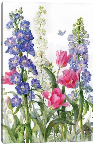 Delphiniums And Tulips Canvas Art Print - Yulia Krasnov