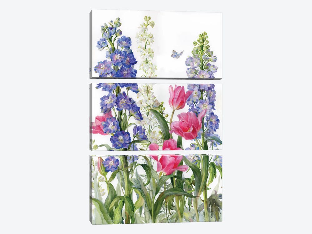 Delphiniums And Tulips by Yulia Krasnov 3-piece Canvas Art