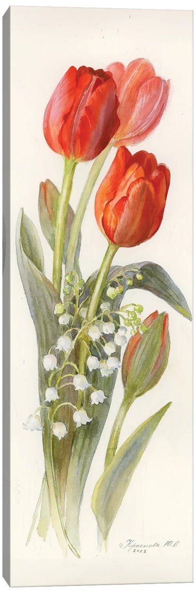 Red Tulips And Lilies Of The Valley Canvas Art Print - Traditional Décor