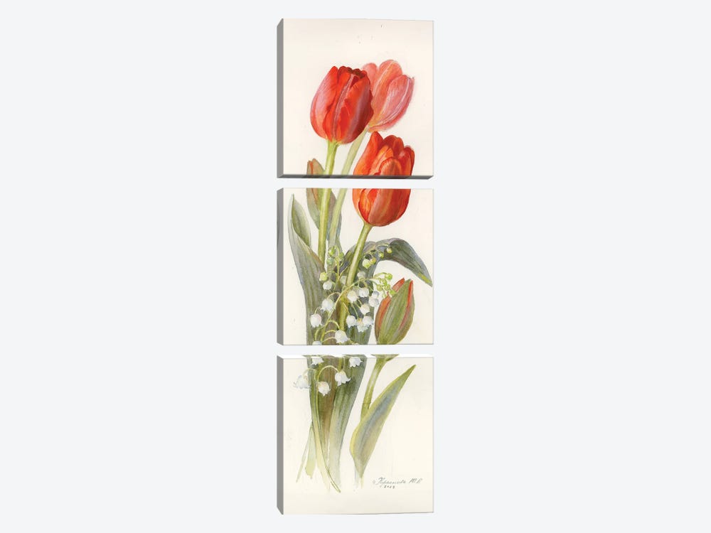 Red Tulips And Lilies Of The Valley by Yulia Krasnov 3-piece Art Print