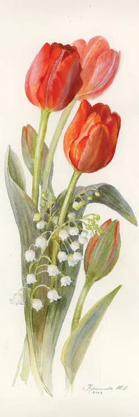 Giclee Features: Red Tulips And Lilies Of The Valley by Yulia Krasnov