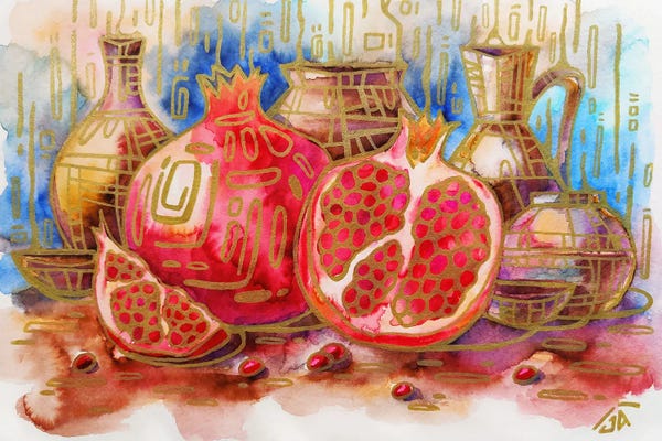 Yulia Belasla: Still Life With Pomegranates, Watercolor by Yulia Belasla