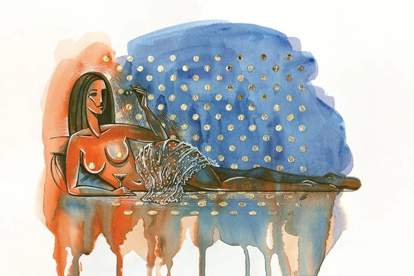 Yulia Belasla: Olives. Nude, Gold Leaf, Watercolor Painting by Yulia Belasla