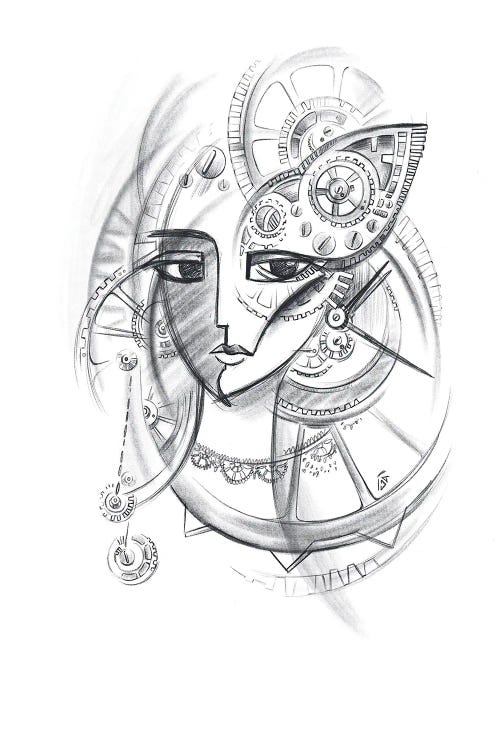 The Time, Woman, Sketch Art, Clockwork Mechanism by Yulia Belasla wall art