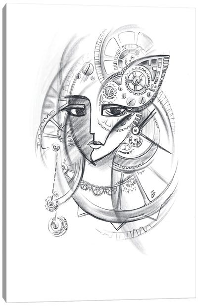 The Time, Woman, Sketch Art, Clockwork Mechanism Canvas Art Print - Clock Art