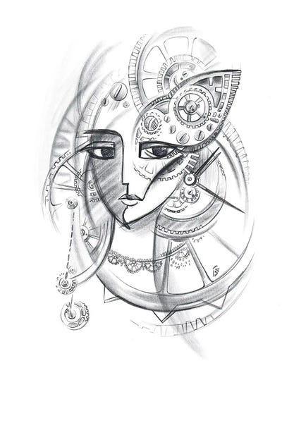 Yulia Belasla: The Time, Woman, Sketch Art, Clockwork Mechanism by Yulia Belasla