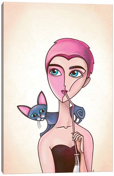 Pink Mood, A Girl And A Cat Canvas Art Print - Yulia Belasla
