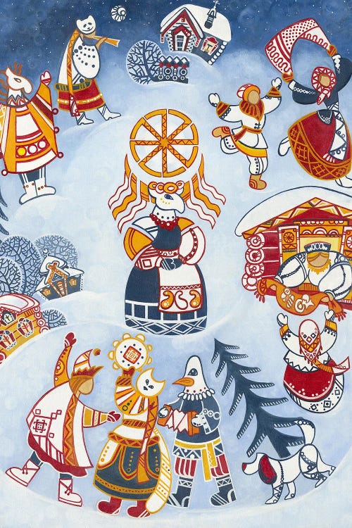 Kolyada, Winter Carnival, Folk Art by Yulia Belasla wall art