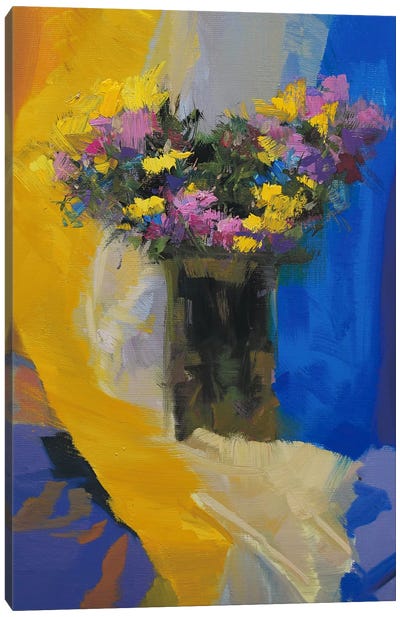 Chrysanthemums on Yellow Canvas Art Print - Yuri Pysar