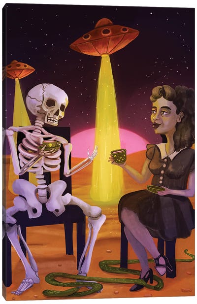 Tea With Death And UFOs Canvas Art Print - Skeleton Art