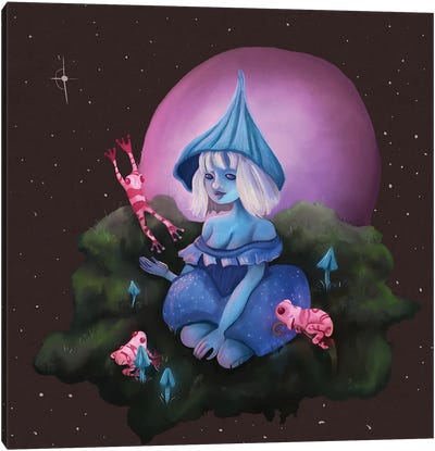 Blue Mushroom Girl Canvas Art Print - Frog Art