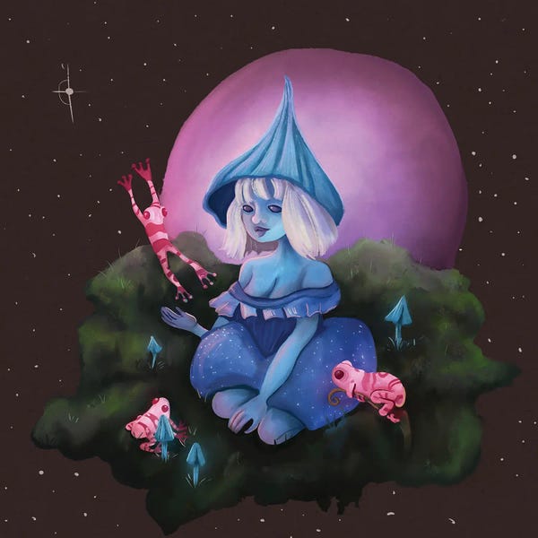 Frogs: Blue Mushroom Girl by Yellow Rabbit Cottage