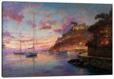 Liguria Evening Lights Canvas Art Print - Harbor & Port Art