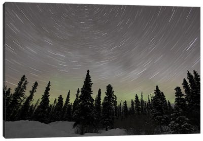 Star Trails, Milky Way And Green Aurora Canvas Art Print