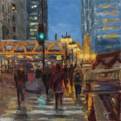 Wacker Drive, Gold And Blue by Yangzi Xu framed canvas print