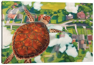 Flying Turtle Cruising Altitude Oil Canvas Art Print - Playful Surrealism