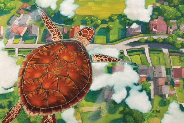 Playful Surrealism: Flying Turtle Cruising Altitude Oil by Yue Zeng
