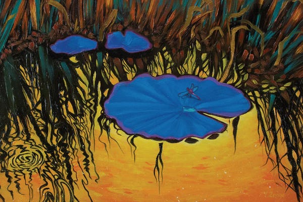 Lilies: Blue Dragonfly Oil Painting by Yue Zeng