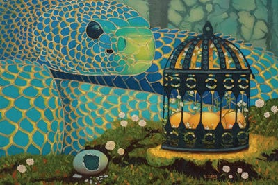 Blue Serpent And Glowing Eggs Fantasy Oil Painting by Yue Zeng framed canvas print