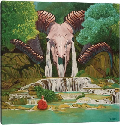 Ram Skull Waterfall Fantasy Oil Painting Canvas Art Print - Yue Zeng