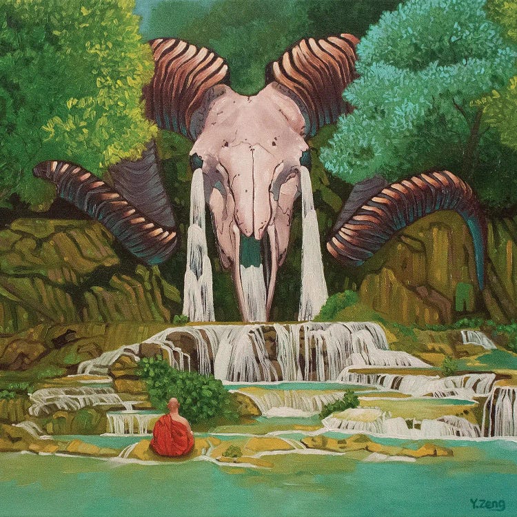 Ram Skull Waterfall Fantasy Oil Painting