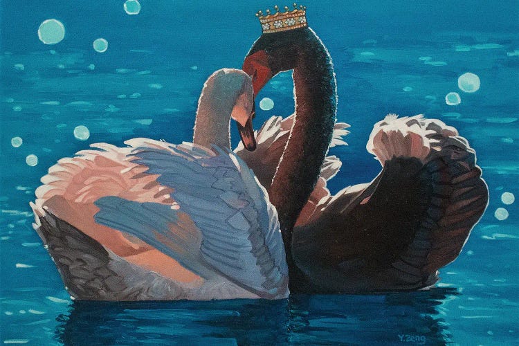 Royal Couple Black And White Swan Fantasy Oil Painting