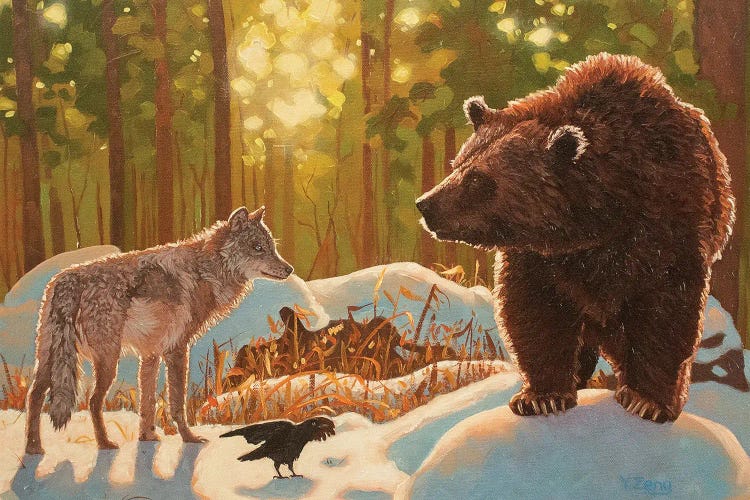 Encounter Brown Bear And Grey Wolf Fantasy Oil Painting