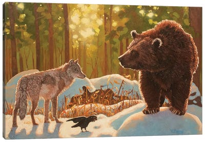 Encounter Brown Bear And Grey Wolf Fantasy Oil Painting Canvas Art Print - Yue Zeng