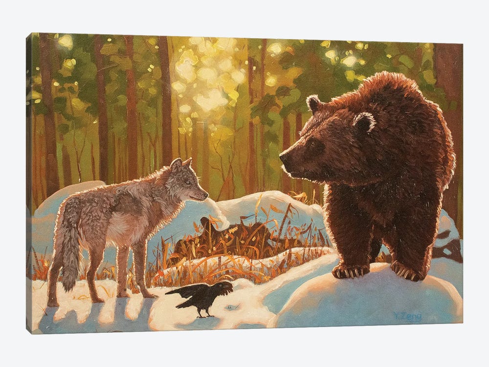 Encounter Brown Bear And Grey Wolf Fantasy Oil Painting by Yue Zeng 1-piece Canvas Artwork