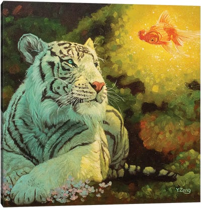 White Tiger And Goldfish Fantasy Canvas Art Print - Goldfish Art