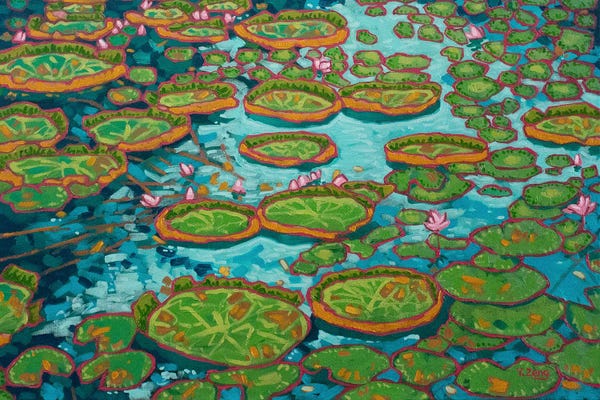 Water Lilies Collection: Waterlily Pond Blue Oil Painting by Yue Zeng