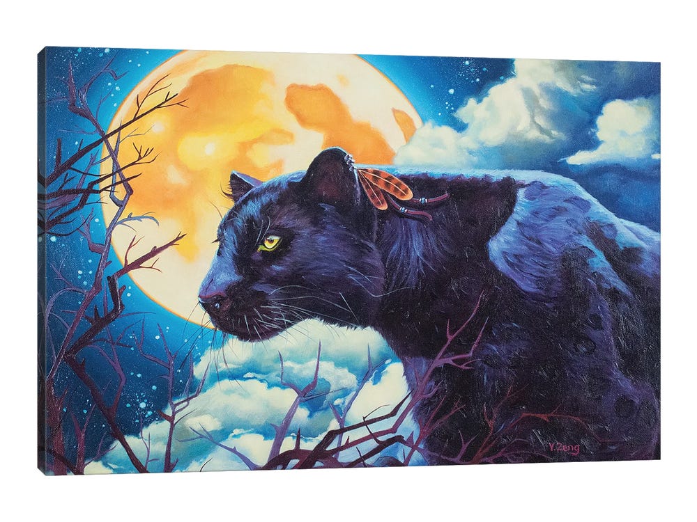Yue Zeng Canvas Wall Decor Prints - Night Watcher Black Panther ( Animals > Wildlife > Wild Cats > Panthers art) - 26x40 in