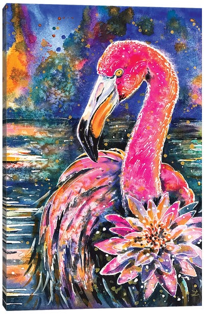 Water Lily And Flamingo Canvas Art Print - Zaira Dzhaubaeva
