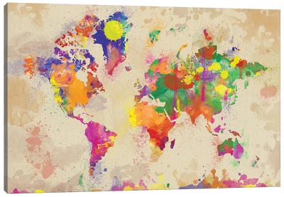 Watercolor World Map On Old Canvas Canvas Art Print - Travel Art