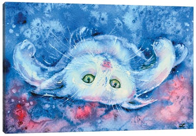 White Kitten Canvas Art Print - Blue & White Art
