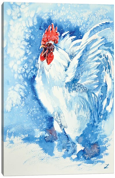 White Rooster Canvas Art Print - Blue & White Art