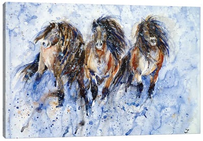 Yakutian Horses In The Snow Storm Canvas Art Print - Zaira Dzhaubaeva