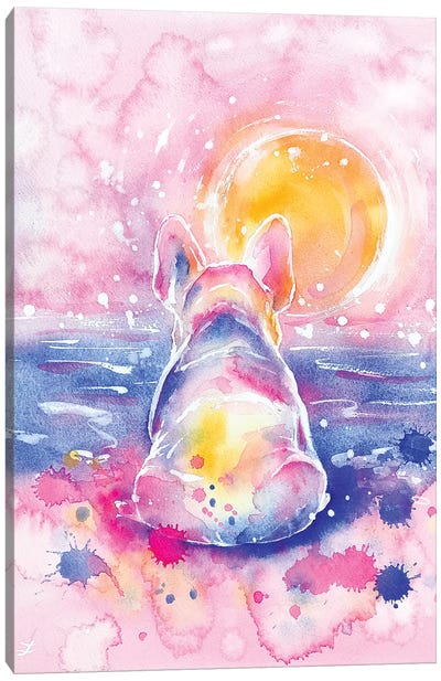 Frenchie on Vacation Watercolor  Canvas Art Print - Pink Art
