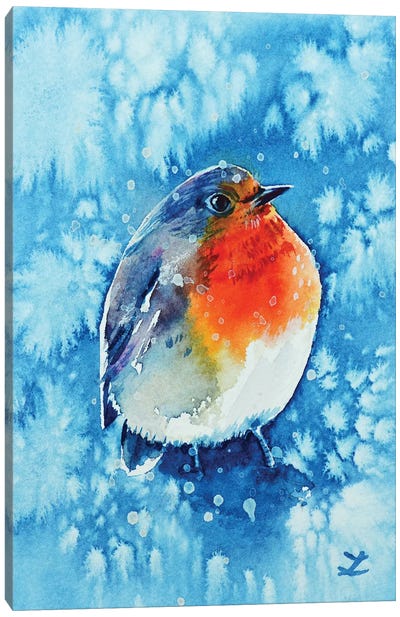 Robin In The Snow Canvas Art Print - Zaira Dzhaubaeva