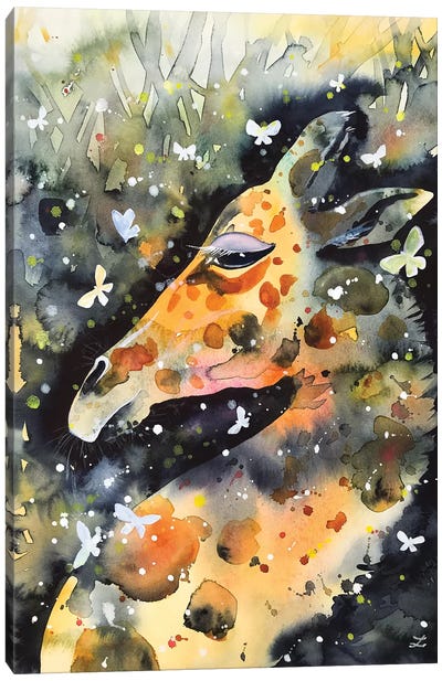 Giraffe And Butterflies Canvas Art Print - Giraffe Art