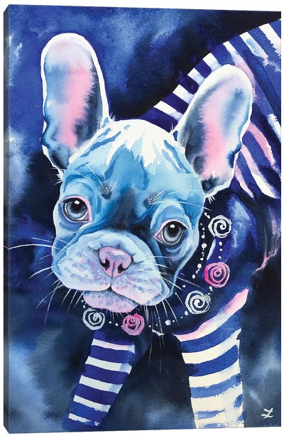 Frenchie In Breton Shirt Canvas Art Print - French Bulldog Art