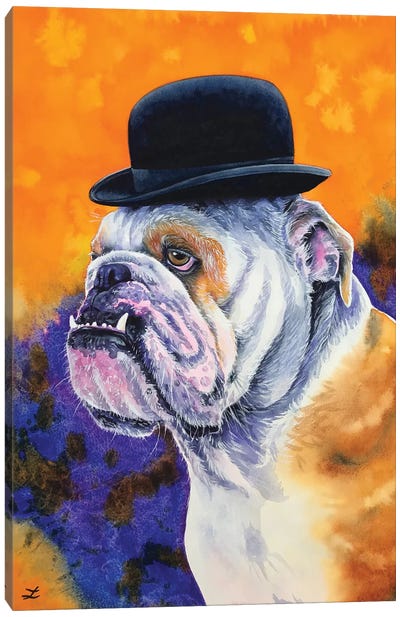 Bulldog In Derby Hat Canvas Art Print - Zaira Dzhaubaeva