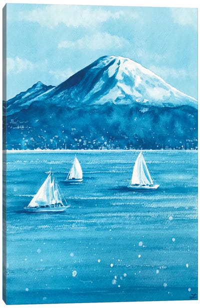 Sailboats and Mount Rainier Canvas Art Print - Zaira Dzhaubaeva