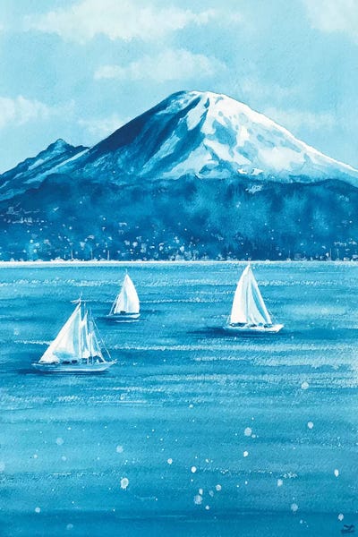 Kids Nautical Art: Sailboats and Mount Rainier by Zaira Dzhaubaeva