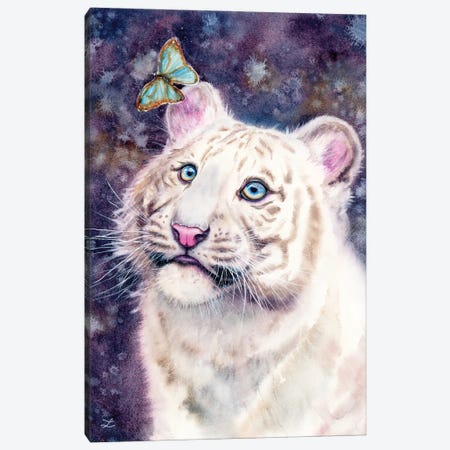 White Tiger Cub And Butterfly Canvas Print #ZDZ229} by Zaira Dzhaubaeva Canvas Art Print