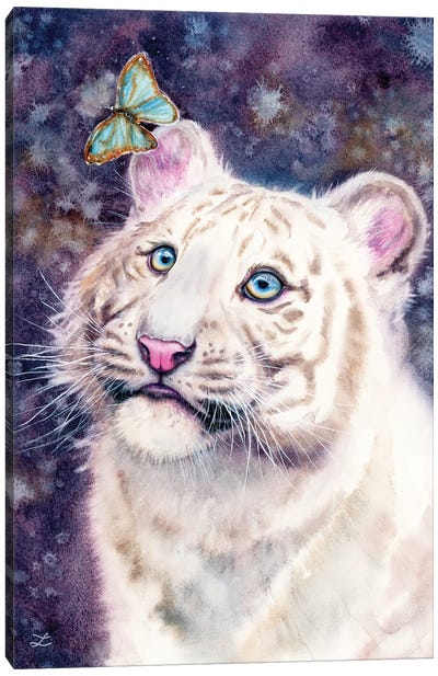 White Tiger Cub And Butterfly Canvas Art Print - Zaira Dzhaubaeva