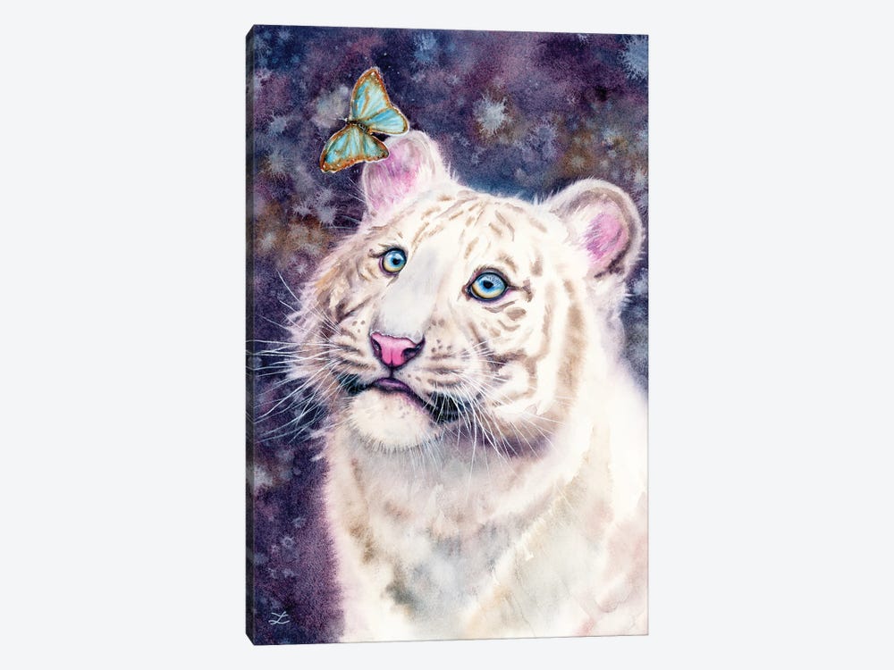 White Tiger Cub And Butterfly by Zaira Dzhaubaeva 1-piece Canvas Wall Art